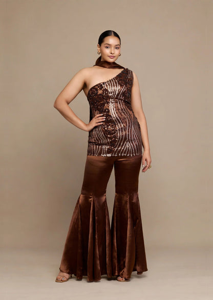 Brown Sequin One-Shoulder Set