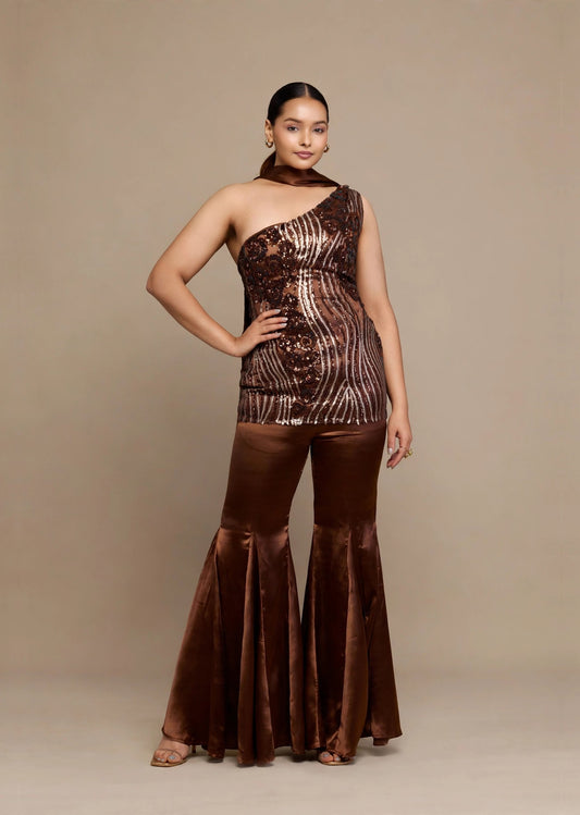 Brown Sequin One-Shoulder Set