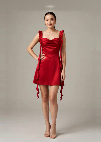 Cherry Red Satin Cowl Neck Ruffle A-Line Mini Dress
