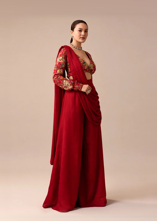 Red Draped Palazzo Set