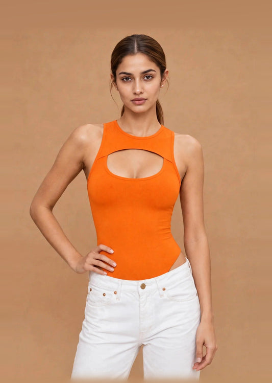 Orange Cut-Out Sleeveless Bodysuit