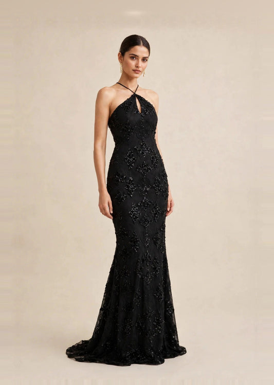 Black Embellished Halter Neck Keyhole Floor Length Gown