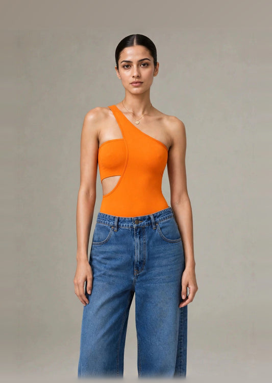 Orange One-Shoulder Cut-Out Bodysuit