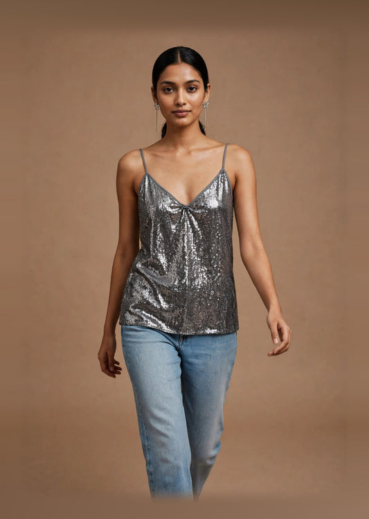 Gunmetal Sequin Criss-Cross Back Cami Top