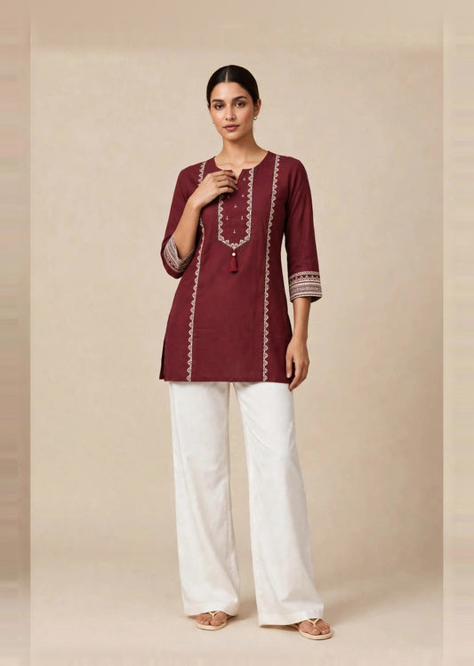 Maroon Printed Straight Kurti