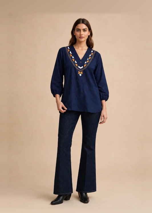 Navy Geometric Embroidered kurti