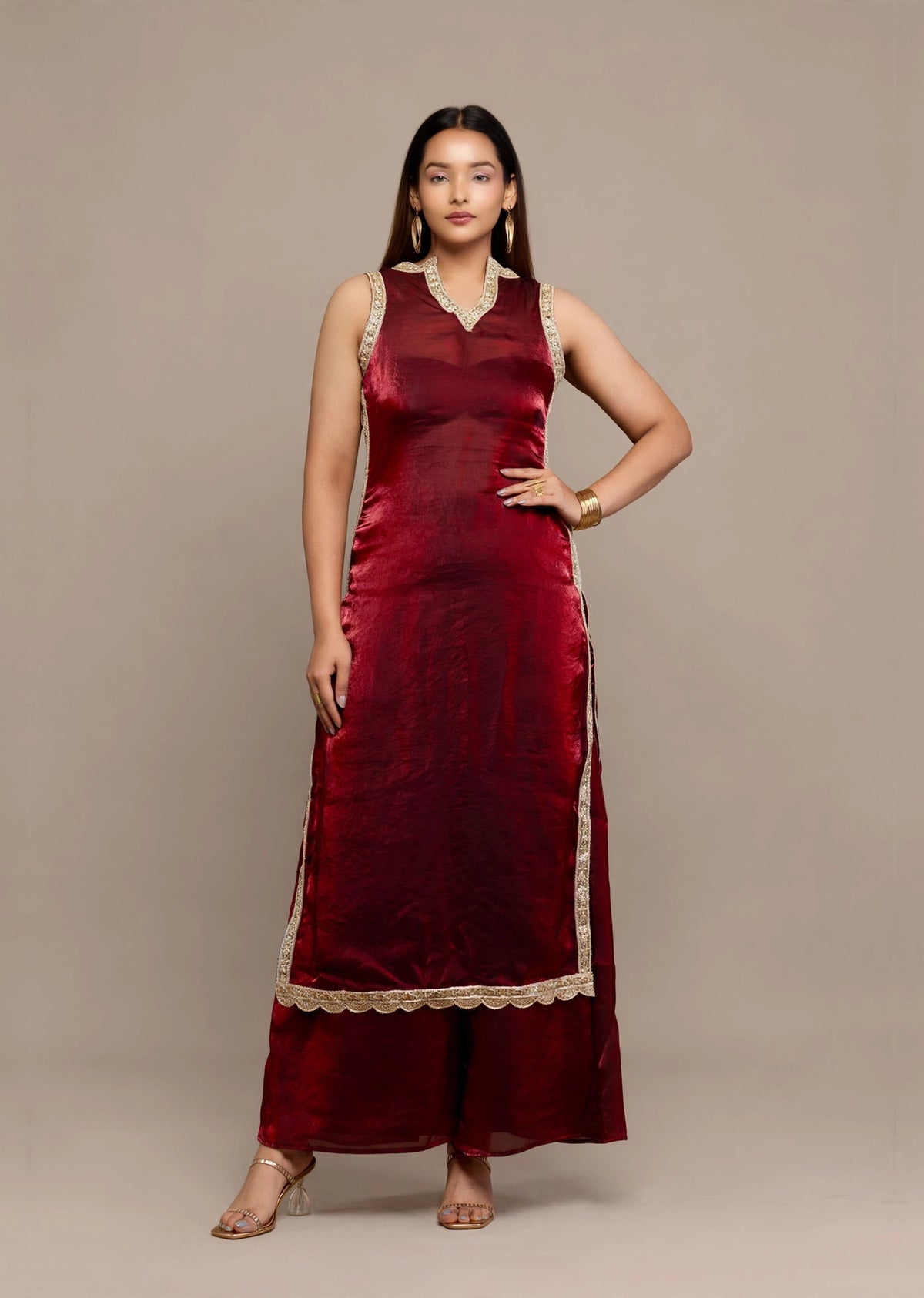Wine Tissue Kurti Set