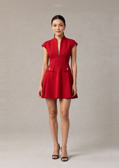 Scarlet Red Mandarin Collar Deep V Flared A-Line Mini Dress