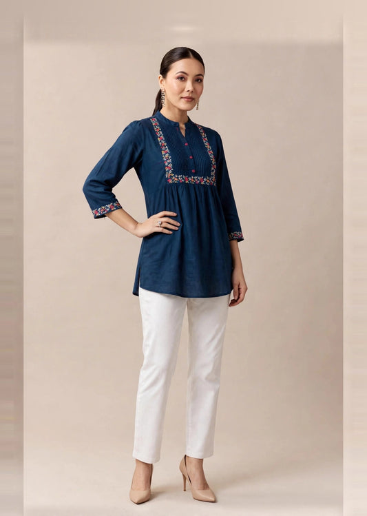 Teal Blue Floral Embroidered Kurti