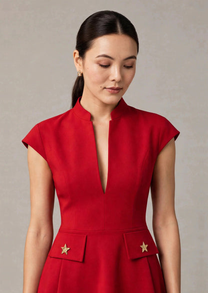 Scarlet Red Mandarin Collar Deep V Flared A-Line Mini Dress