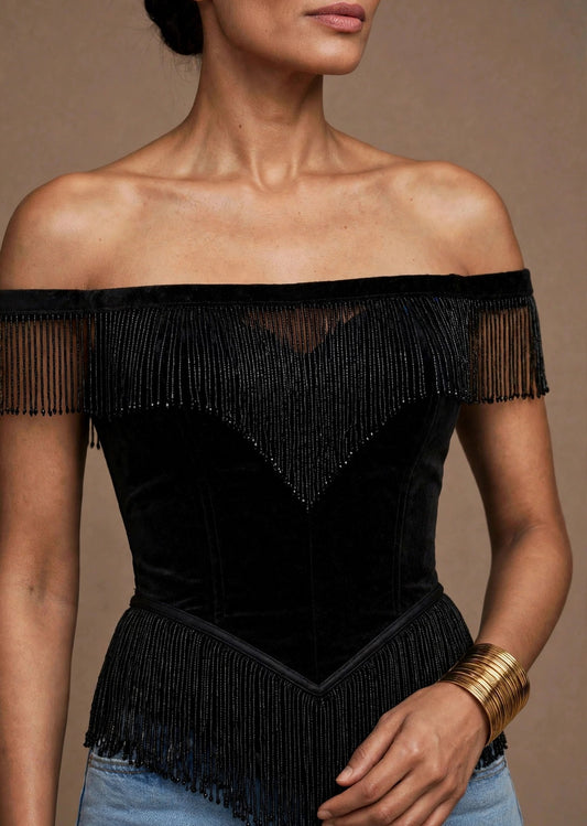 Black Velvet Beaded Fringe Off-Shoulder Corset Top
