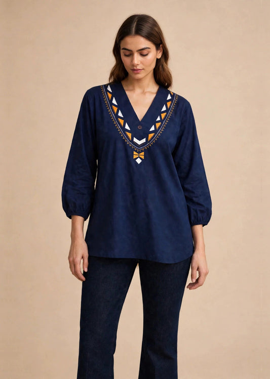 Navy Geometric Embroidered kurti