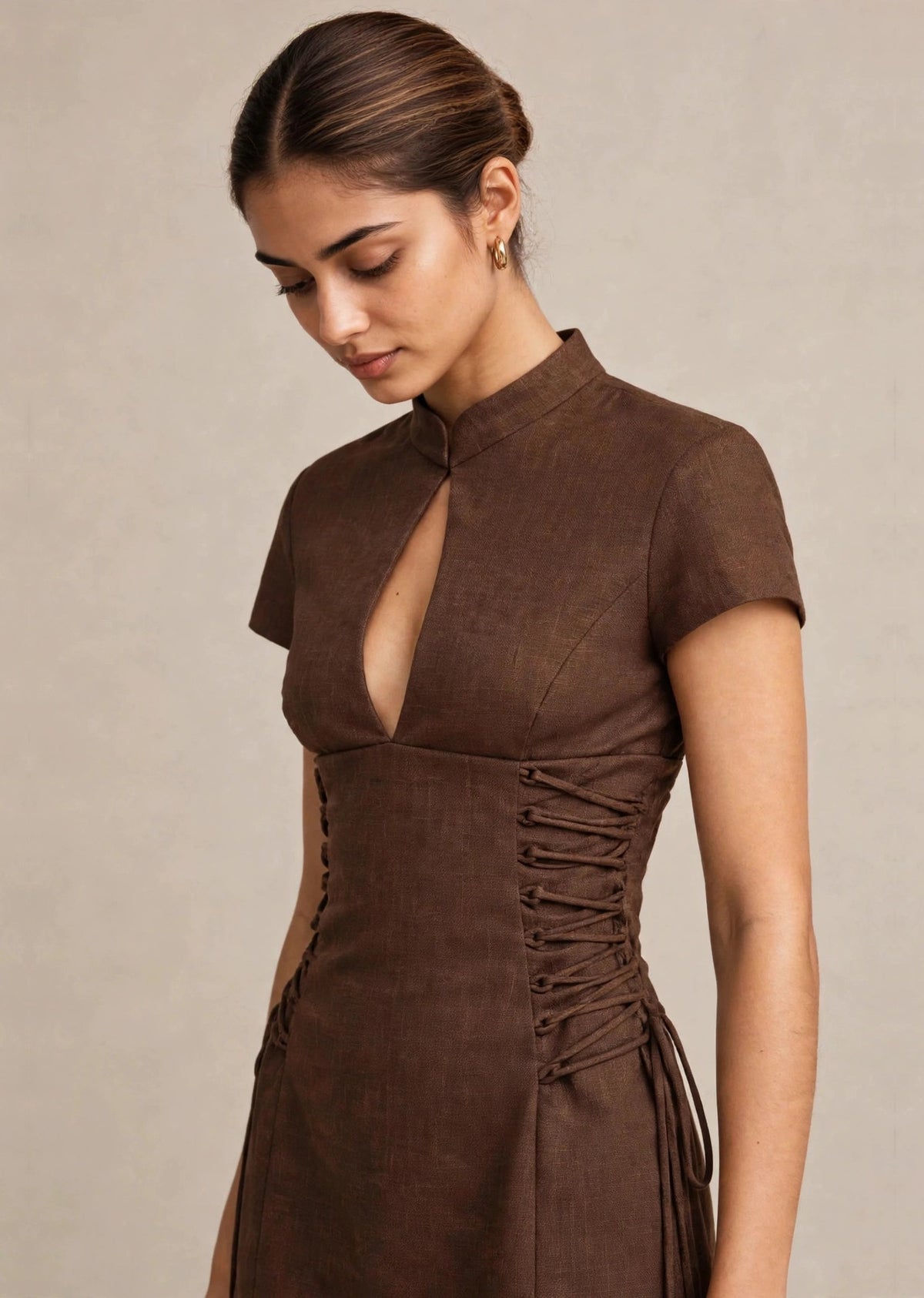 Chocolate Brown Mandarin Collar Lace-Up Corset A-Line Mini Dress