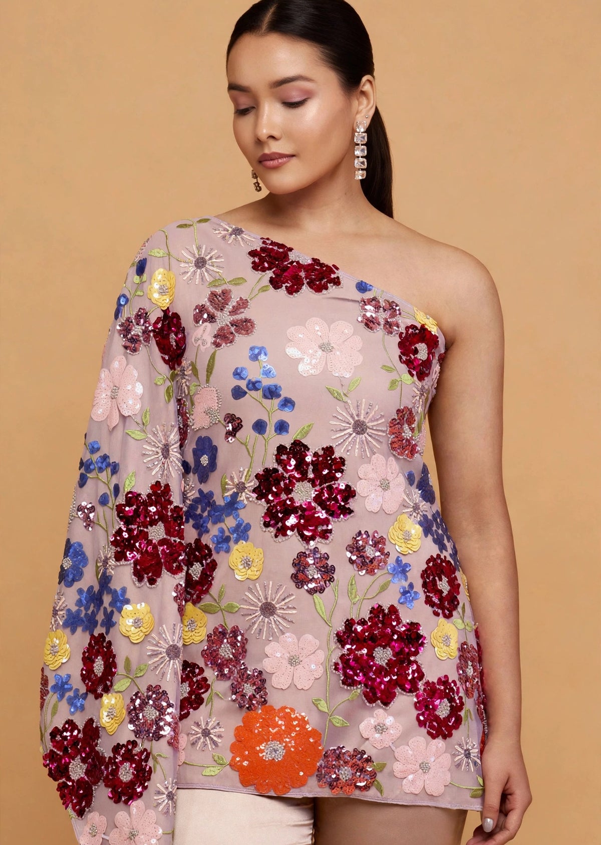 Grey Floral One-Shoulder Set