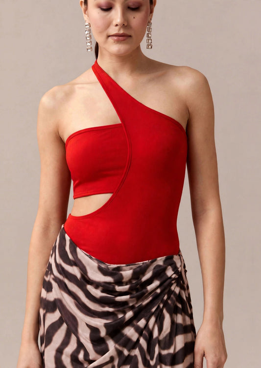 Red One-Shoulder Cut-Out Bodysuit