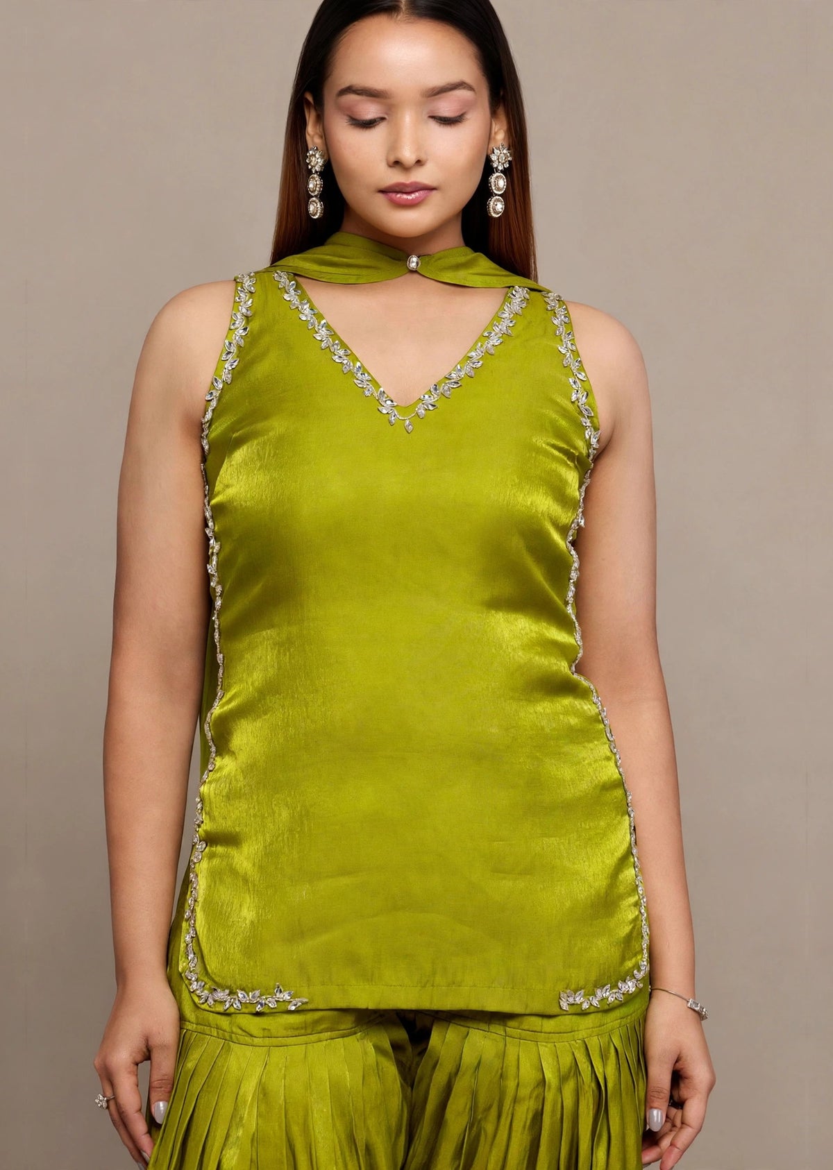 Olive Satin Kurti Set
