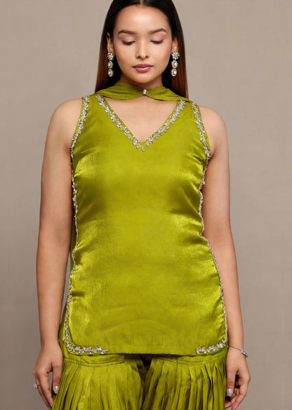 Olive Satin Kurti Set