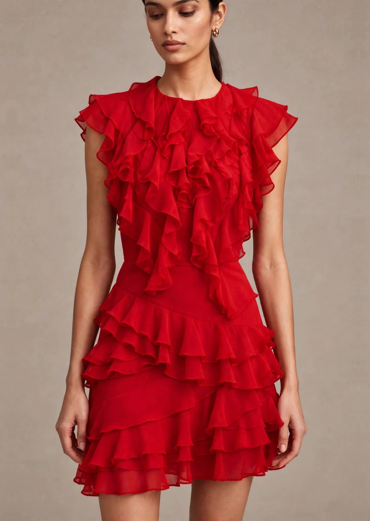Scarlet Red Georgette Cascading Ruffle Tiered Mini Dress
