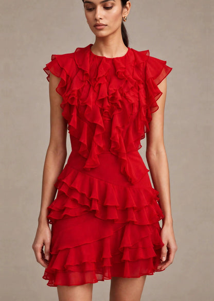 Scarlet Red Georgette Cascading Ruffle Tiered Mini Dress