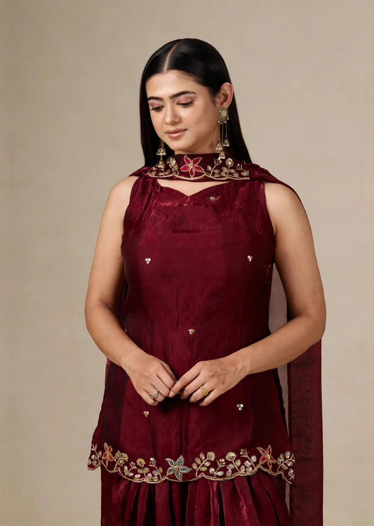 Wine Zari Kurta Set