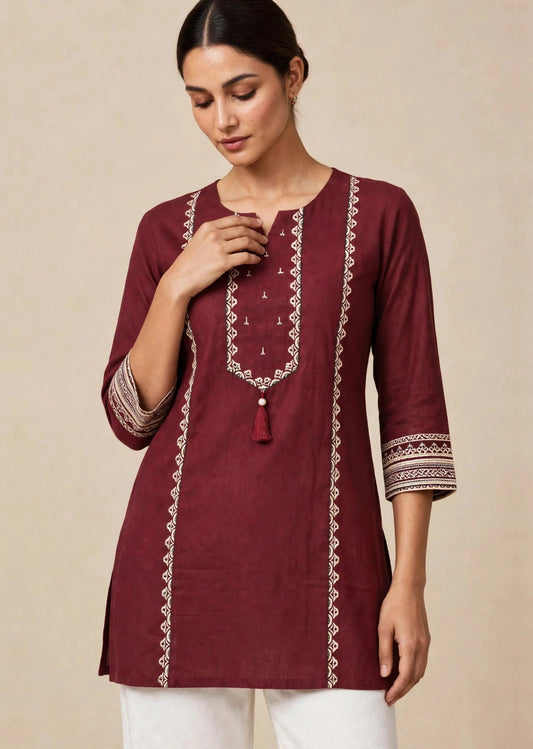 Maroon Printed Straight Kurti