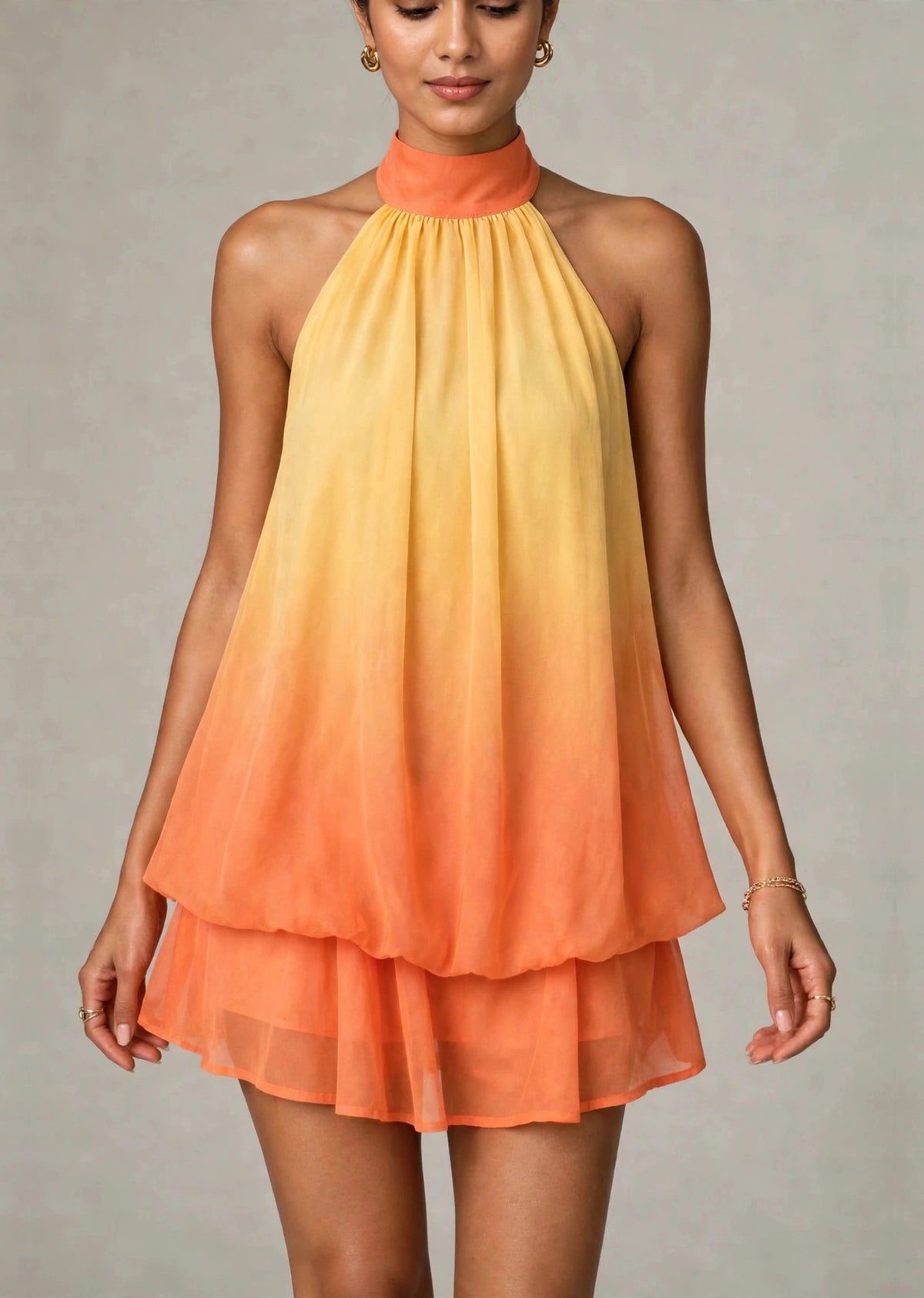 Butter Yellow & Sunset Orange Ombré Georgette Halter Neck Mini Dress