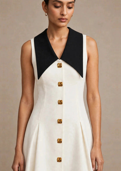 Ivory White & Black Contrast Collar Sleeveless A-Line Mini Dress