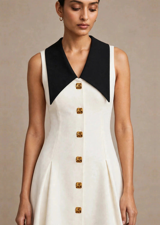 Ivory White & Black Contrast Collar Sleeveless A-Line Mini Dress
