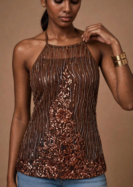 Bronze Swirl Sequin Lace-Up Back Halter Top