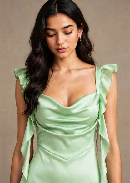 Pastel Mint Green Satin Cowl Neck Ruffle A-Line Mini Dress