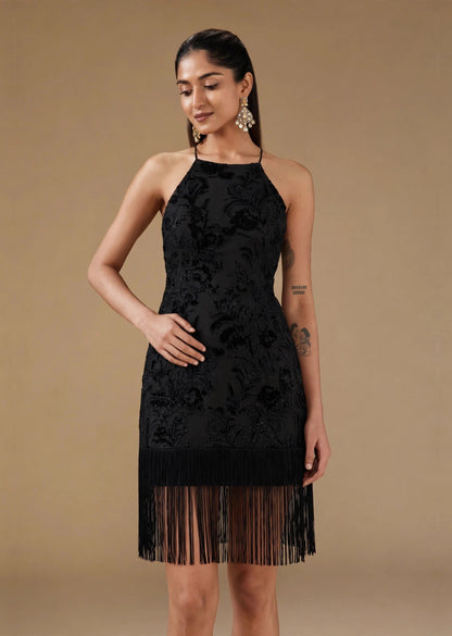Black Velvet Embossed Fringe Hem Halter Mini Dress