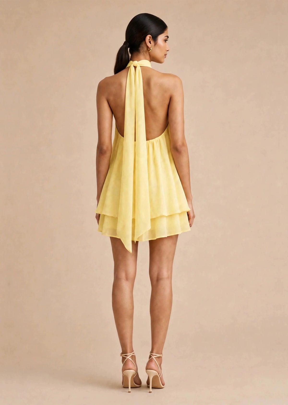Butter Yellow Georgette Halter Neck Layered Mini Dress