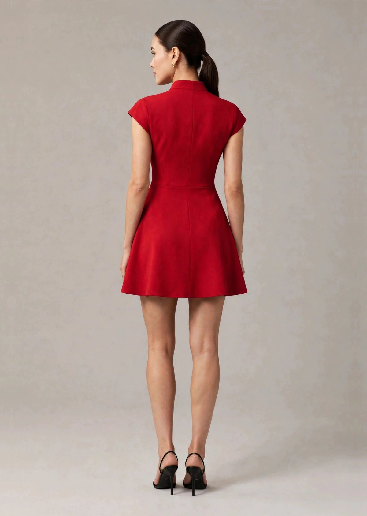 Scarlet Red Mandarin Collar Deep V Flared A-Line Mini Dress