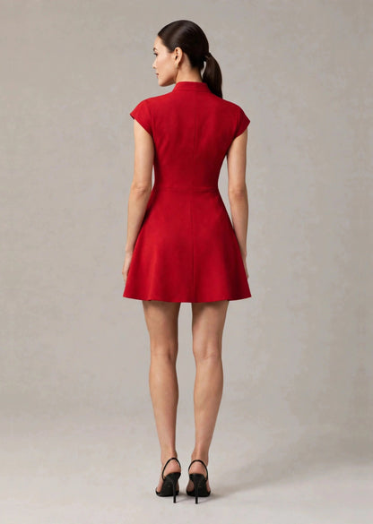 Scarlet Red Mandarin Collar Deep V Flared A-Line Mini Dress