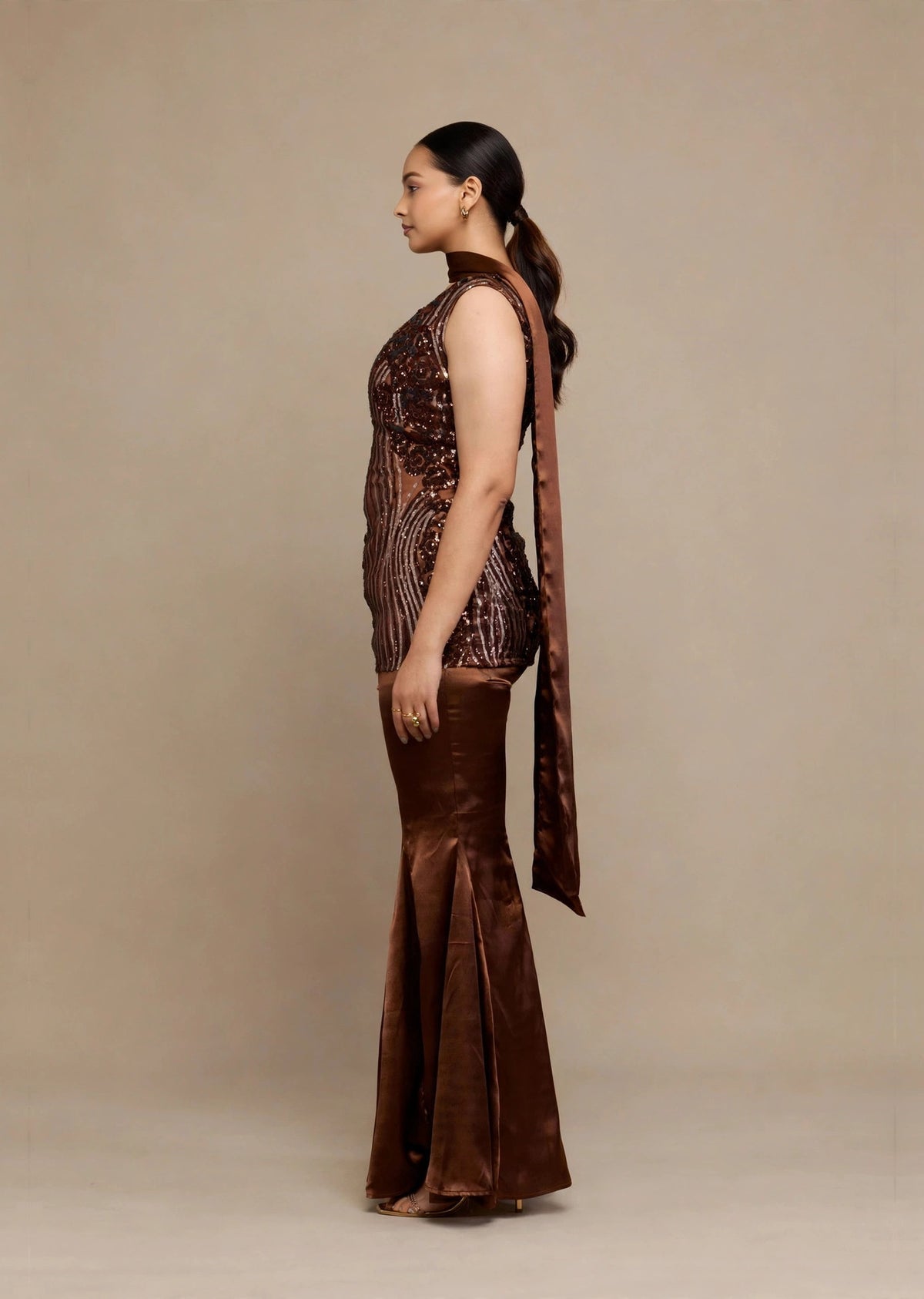Brown Sequin One-Shoulder Set