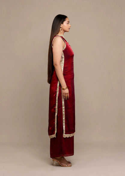 Wine Tissue Kurti Set