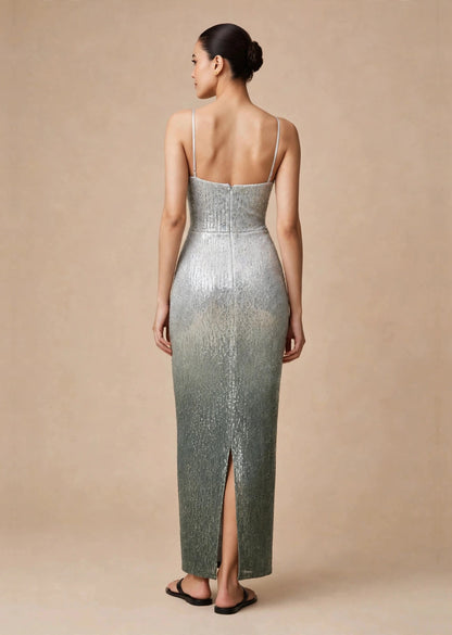 Silver Grey Ombré Sequin Halter Neck Cut-Out Maxi Dress