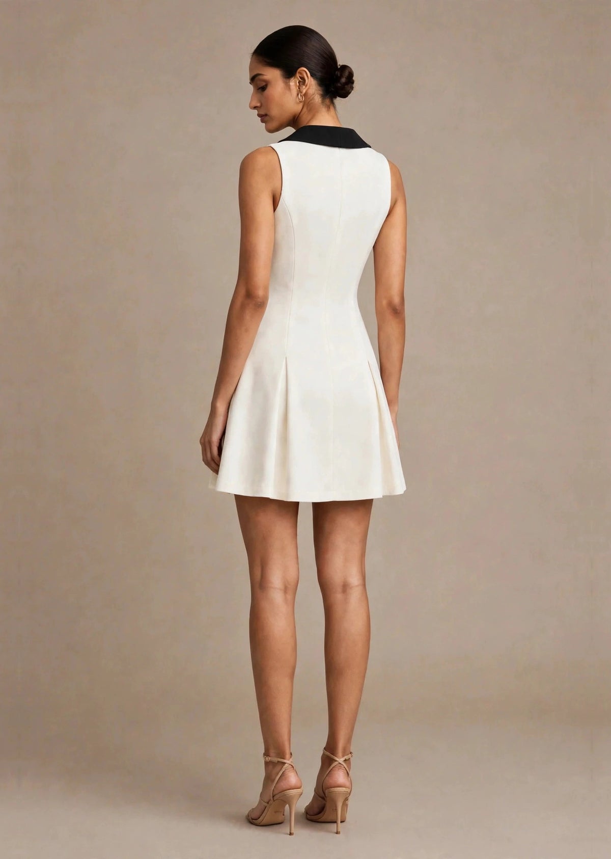 Ivory White & Black Contrast Collar Sleeveless A-Line Mini Dress