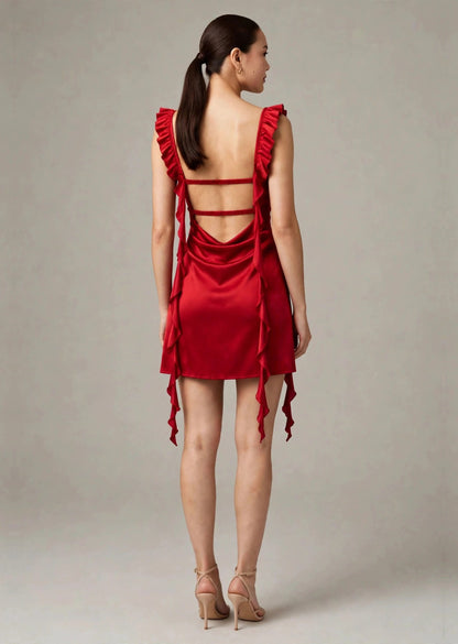 Cherry Red Satin Cowl Neck Ruffle A-Line Mini Dress