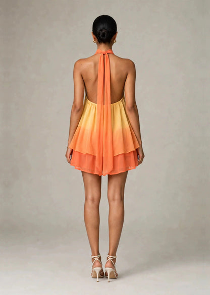 Butter Yellow & Sunset Orange Ombré Georgette Halter Neck Mini Dress