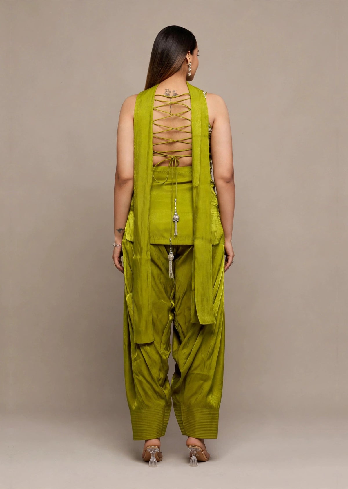 Olive Satin Kurti Set