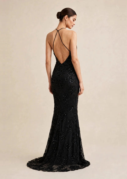 Black Embellished Halter Neck Keyhole Floor Length Gown