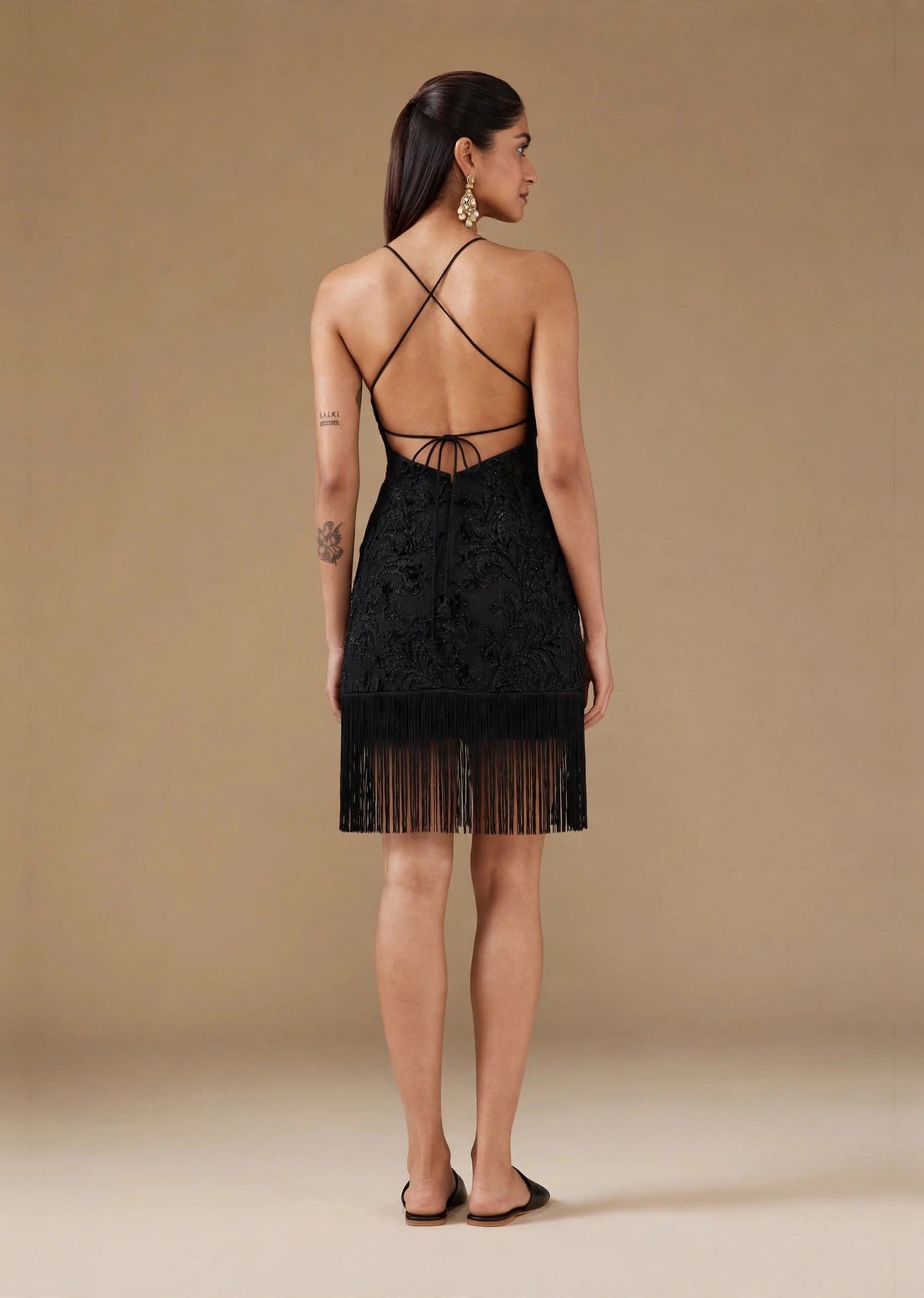 Black Velvet Embossed Fringe Hem Halter Mini Dress