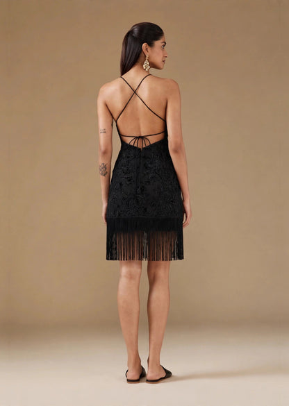Black Velvet Embossed Fringe Hem Halter Mini Dress