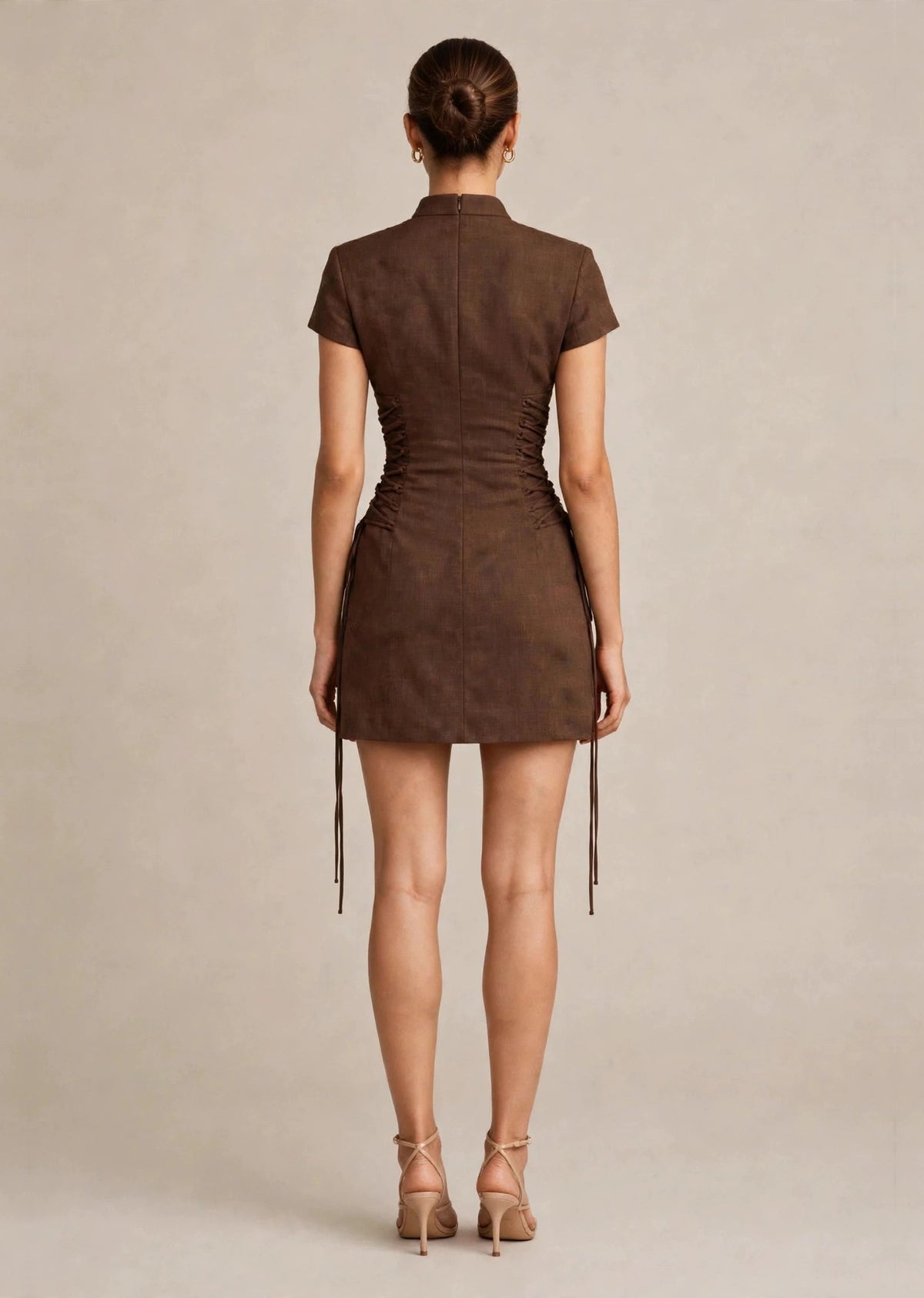 Chocolate Brown Mandarin Collar Lace-Up Corset A-Line Mini Dress