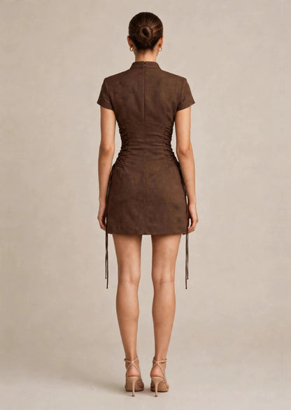 Chocolate Brown Mandarin Collar Lace-Up Corset A-Line Mini Dress
