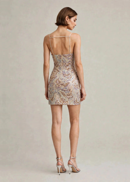Champagne Beige Iridescent Sequin Cowl Neck Mini Dress