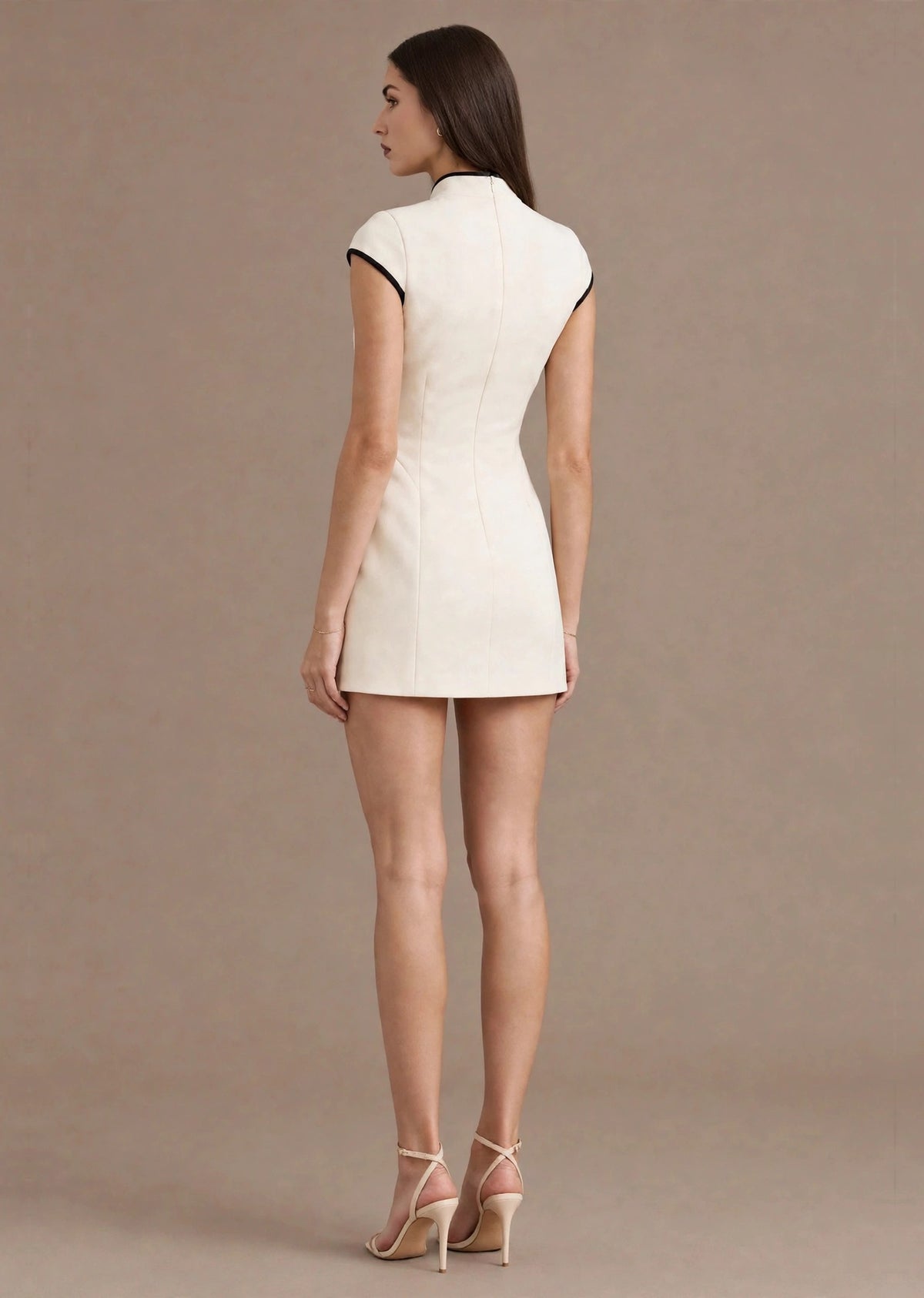 Off White Contrast Piping Keyhole Cap Sleeve Mini Dress