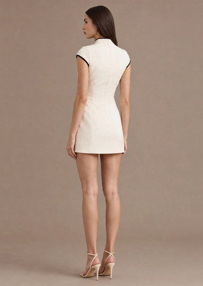 Off White Contrast Piping Keyhole Cap Sleeve Mini Dress