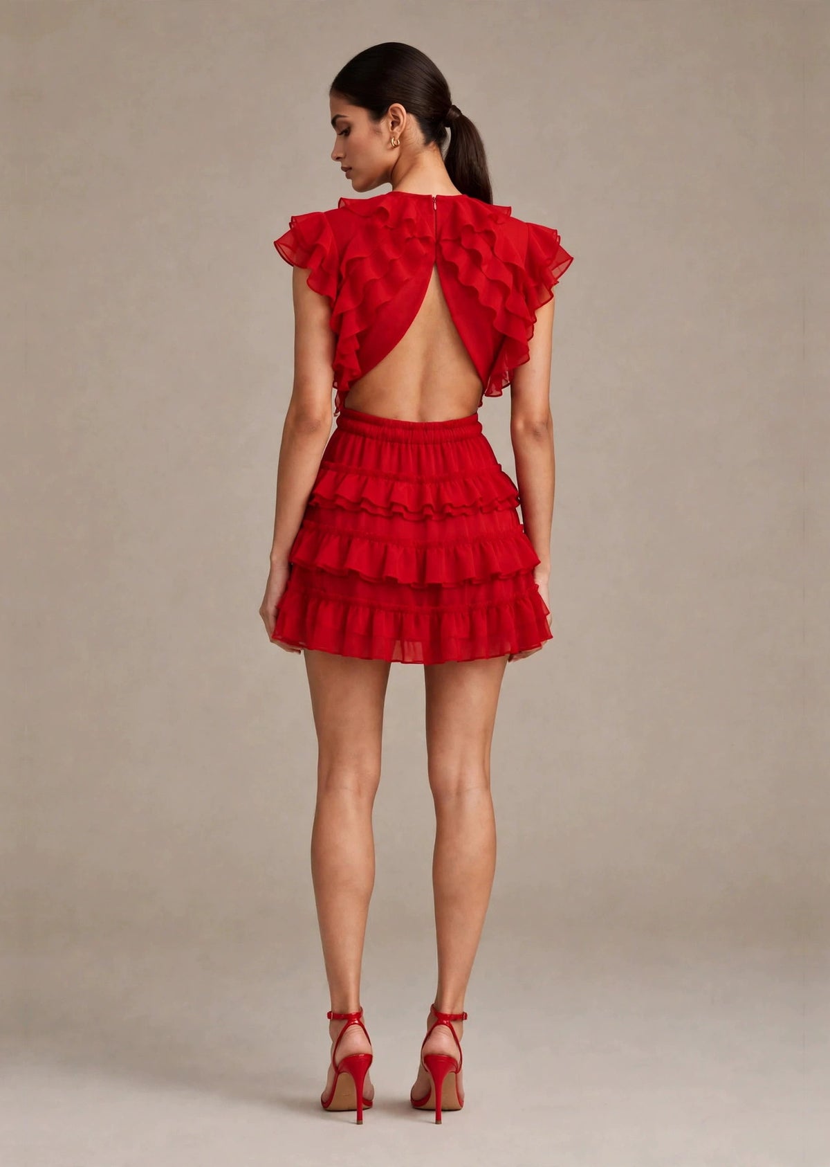 Scarlet Red Georgette Cascading Ruffle Tiered Mini Dress